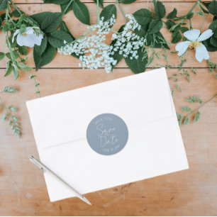  Dusty Blue Stylised Wedding Save the Date Classic Round Sticker