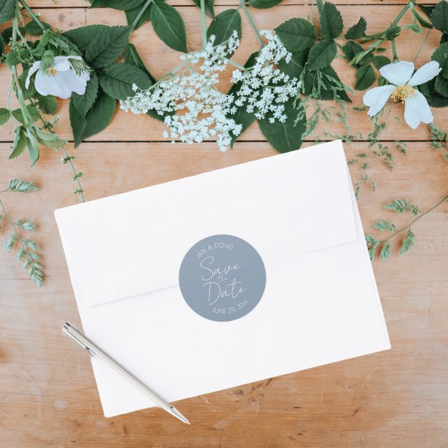  Dusty Blue Stylised Wedding Save the Date Classic Round Sticker (In Situ Wedding)
