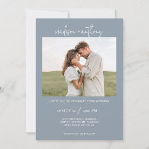 Dusty Blue Stylish Script with Photo Wedding  Invitation