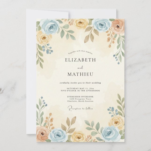 Dusty Blue Subtle Botanical Wedding Invitation (Front)