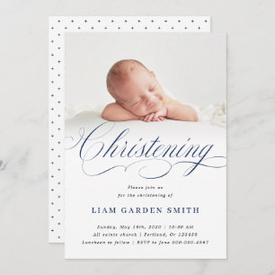 Dusty Blue Subtle Cross Script Christening Boy Invitation