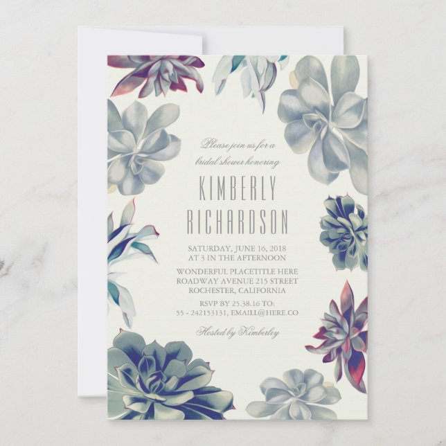 Dusty Blue Succulents Greenery Bridal Shower Invitation (Front)