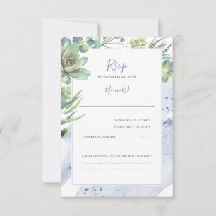 Dusty Blue Succulents Greenery Wedding RSVP Card