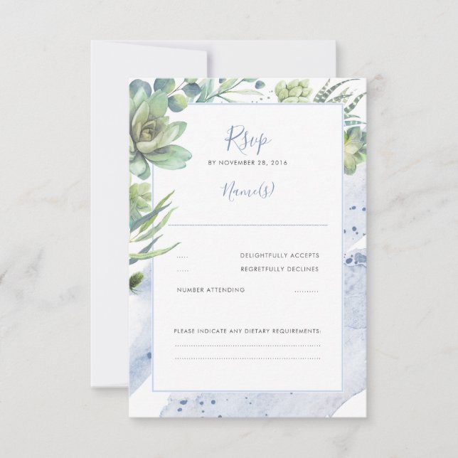 Dusty Blue Succulents Greenery Wedding RSVP Card (Front)