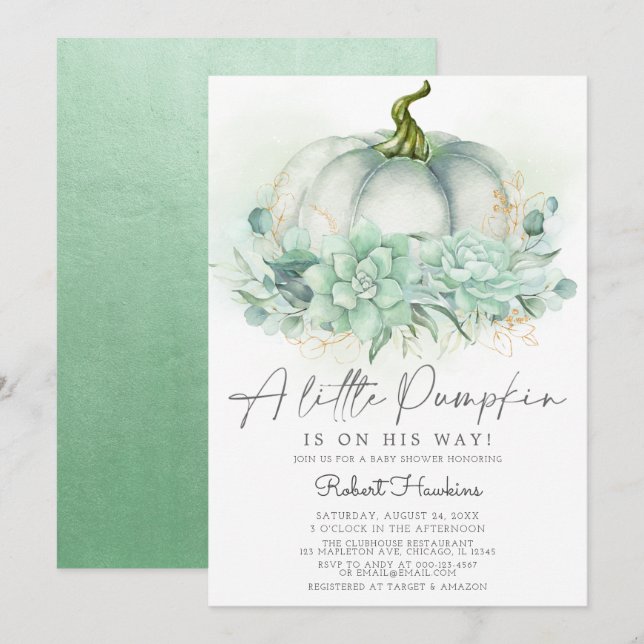 Dusty Blue Succulents Pumpkin Fall Baby Shower Invitation (Front/Back)