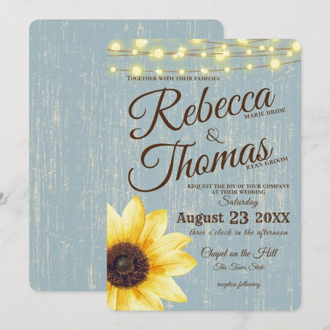 Dusty Blue Sunflower and Lights Rustic Wedding Invitation (Front/Back)