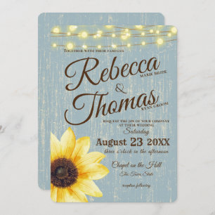 Dusty Blue Sunflower and Lights Rustic Wedding Invitation