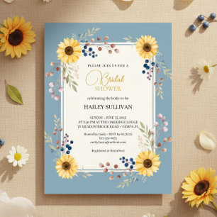 Dusty Blue Sunflower Bridal Shower Gold Frame Invitation