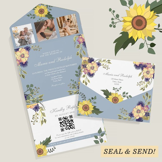 Dusty Blue Sunflower Floral Wedding All In One Invitation (Creator Uploaded)