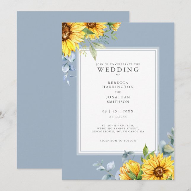 Dusty Blue Sunflower Wedding Invitation (Front/Back)