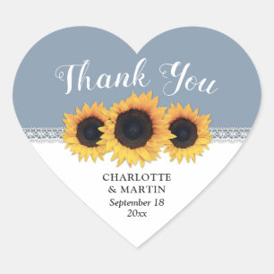 Dusty Blue Sunflower Wedding Thank You Heart Sticker