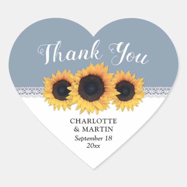 Dusty Blue Sunflower Wedding Thank You Heart Sticker (Front)