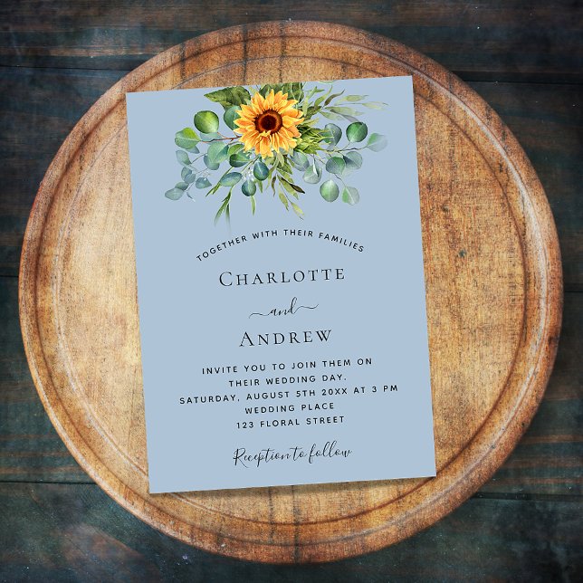 Dusty blue sunflowers greenery luxury wedding invitation (Creator Uploaded)