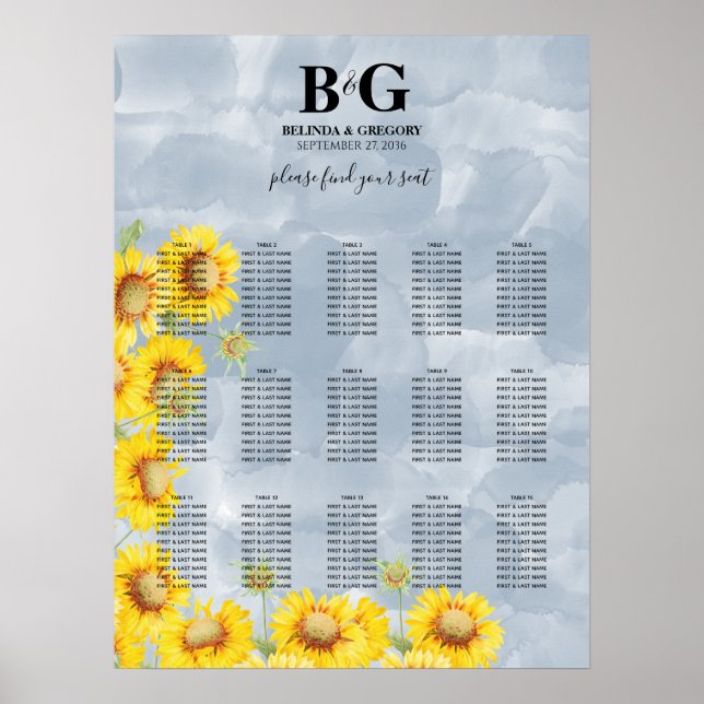 Dusty Blue Sunflowers Wedding Seating Chart (Front)