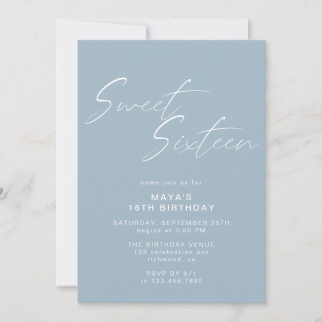 Dusty Blue Sweet Sixteen Simple Chic 16th Birthday Invitation (Front)
