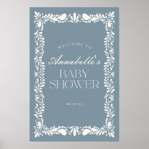 Dusty Blue Talavera Fiesta Baby Shower Welcome Poster