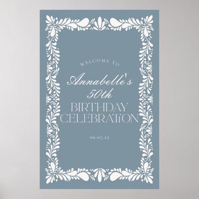 Dusty Blue Talavera Fiesta Birthday Party Welcome Poster (Front)