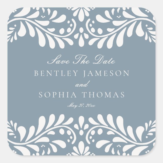 Dusty Blue Talavera Fiesta Save the Date Envelope Square Sticker (Front)