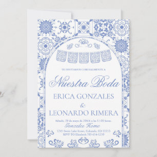 Dusty Blue Talavera Papel Picado Spanish Wedding Invitation