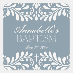 Dusty Blue Talavera Spanish Fiesta Baptism Favour Square Sticker