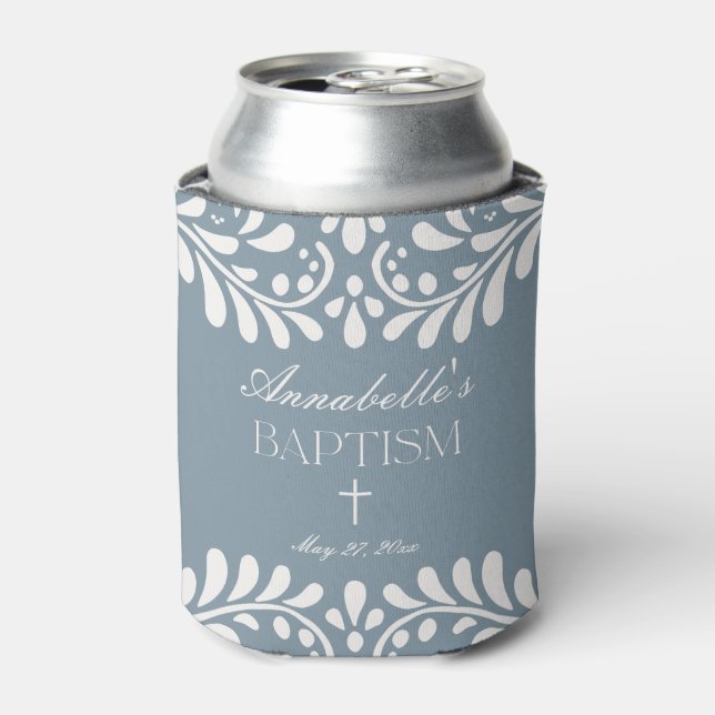 Dusty Blue Talavera Spanish Fiesta Baptism Favours Can Cooler (Can Front)