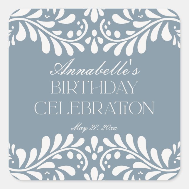 Dusty Blue Talavera Spanish Fiesta Birthday Favour Square Sticker (Front)