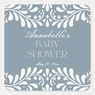 Dusty Blue Talavera Spanish Fiesta Boy Baby Shower Square Sticker