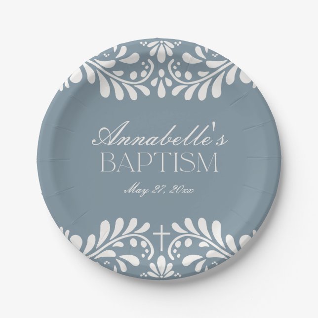 Dusty Blue Talavera Spanish Fiesta Boy Baptism Paper Plate (Front)