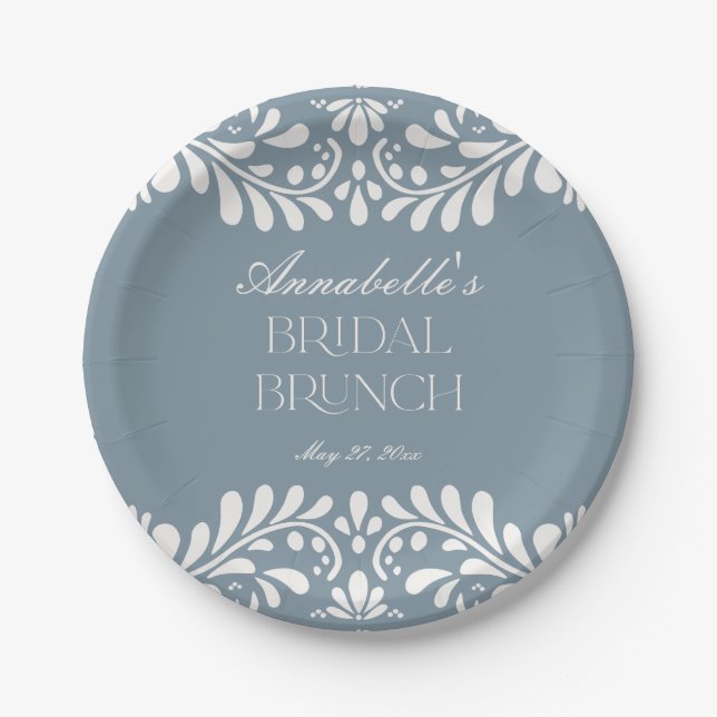 Dusty Blue Talavera Spanish Fiesta Bridal Shower Paper Plate (Front)