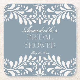Dusty Blue Talavera Spanish Fiesta Bridal Shower Square Paper Coaster