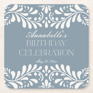 Dusty Blue Talavera Tile Fiesta Birthday Party Square Paper Coaster
