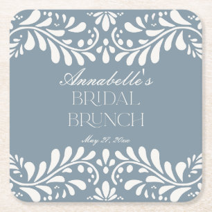 Dusty Blue Talavera Tile Fiesta Bridal Brunch Square Paper Coaster