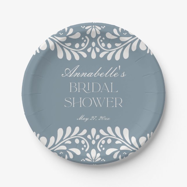 Dusty Blue Talavera Tile Fiesta Bridal Shower Paper Plate (Front)