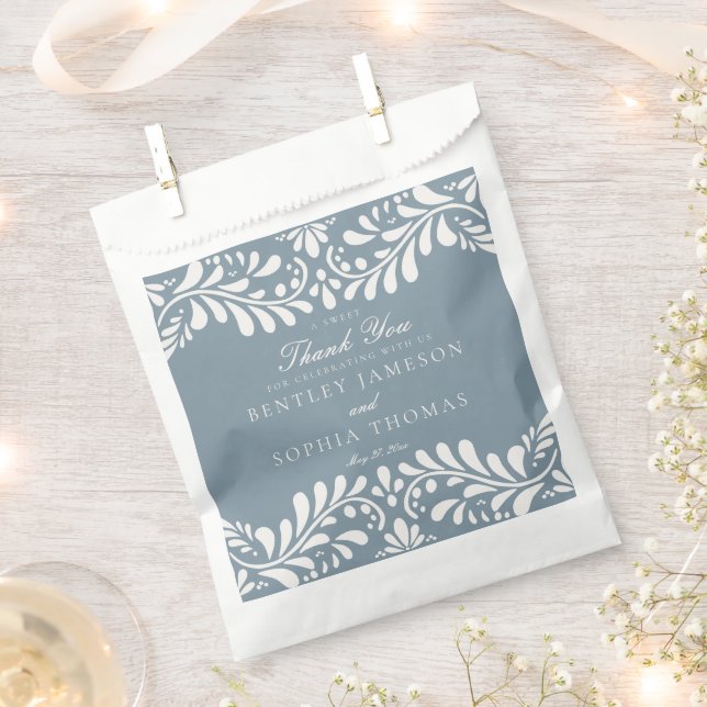 Dusty Blue Talavera Tile Fiesta Wedding Dessert Favour Bags (Clipped)