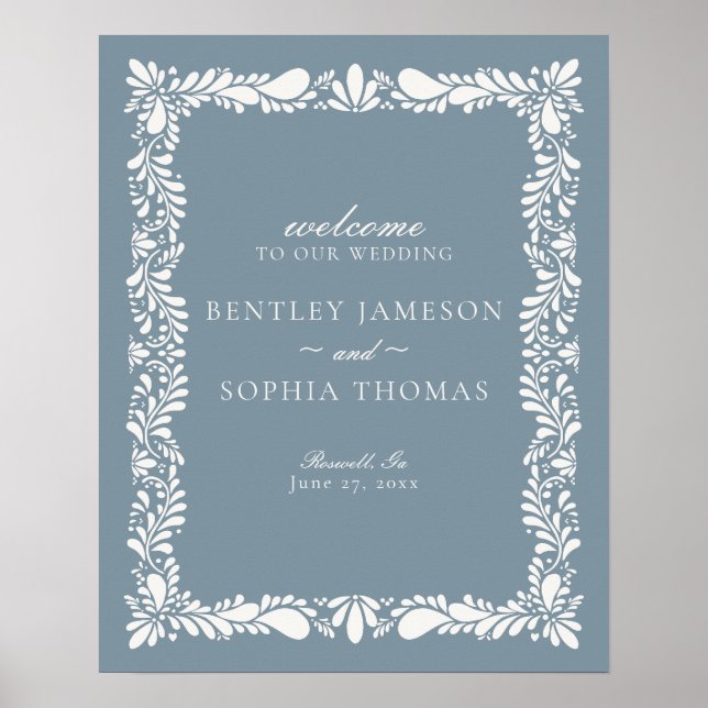 Dusty Blue Talavera Tile Fiesta Wedding Welcome Poster (Front)