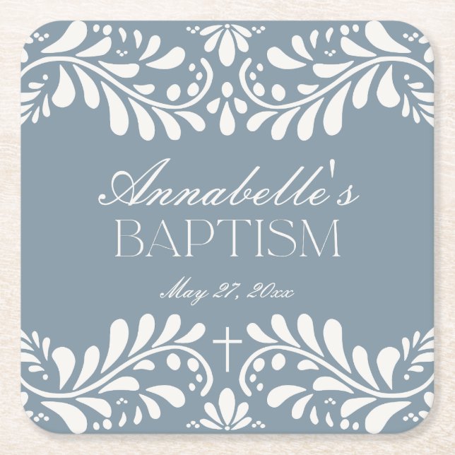 Dusty Blue Talavera Tile Spanish Fiesta Baptism Square Paper Coaster (Front)