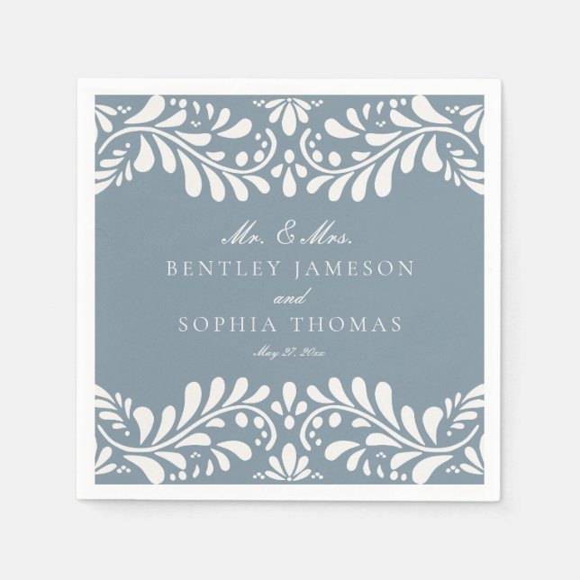 Dusty Blue Talavera Tile Spanish Fiesta Wedding Napkin (Front)