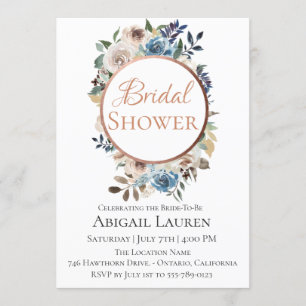 Dusty Blue Taupe Floral Bridal Shower Invitation