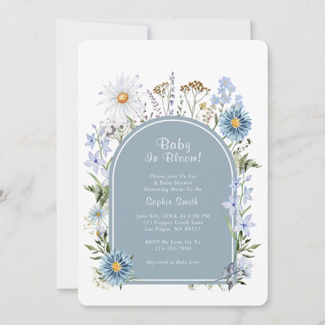 Dusty Blue Tea Party Baby In Bloom Baby Shower  Invitation (Front)