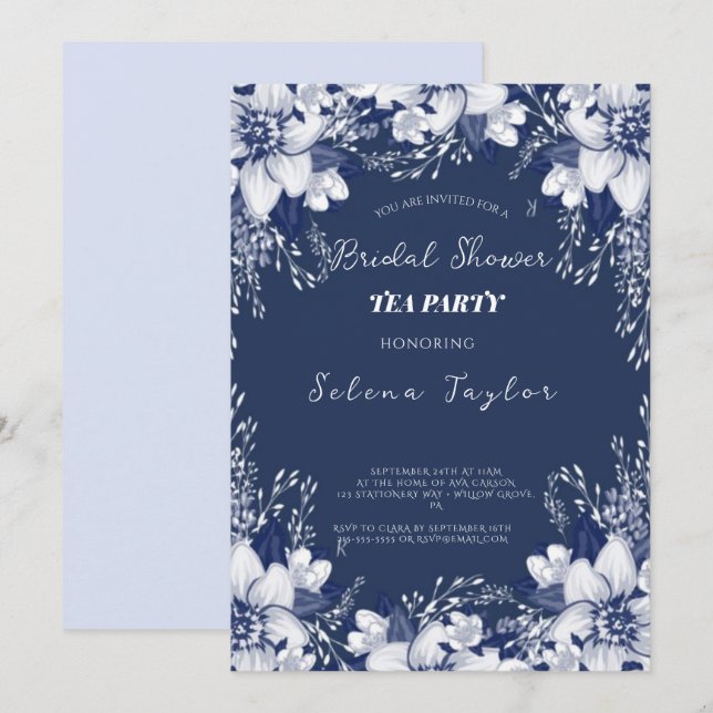 Dusty Blue Tea Party Bridal Shower  Invitation (Front/Back)