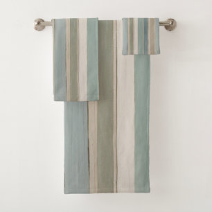 Dusty Blue Teal Sage Beige Stripe Bath Towel Set