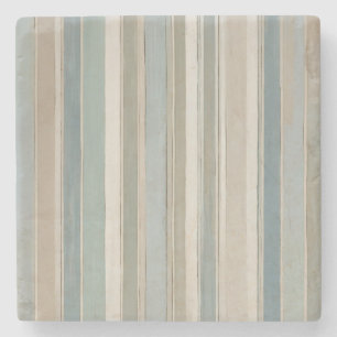 Dusty Blue Teal Sage Beige Stripe Stone Coaster