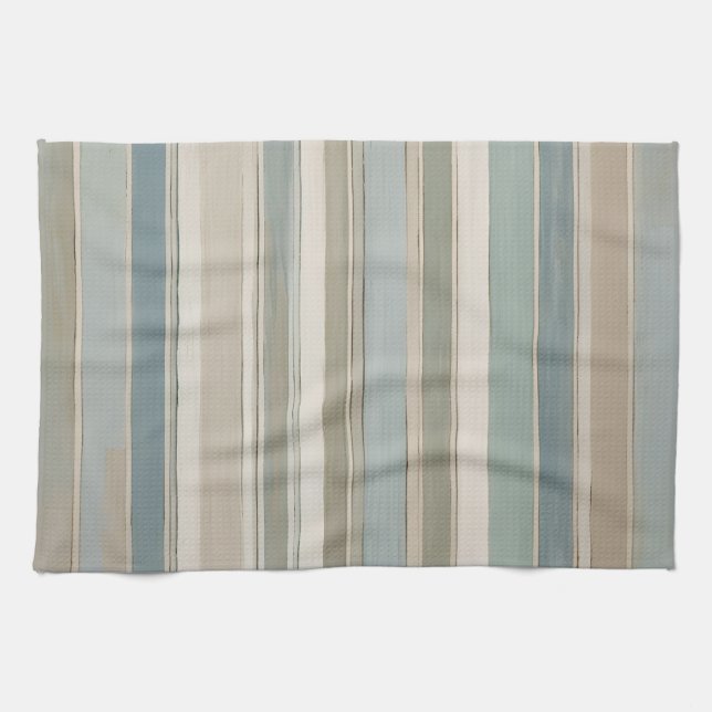 Dusty Blue Teal Sage Beige Stripe Tea Towel (Horizontal)