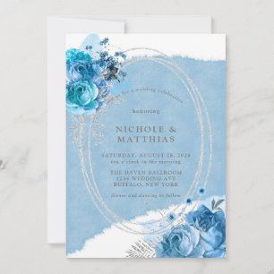 Dusty Blue Teal Silver Peony Wedding Invitation