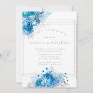 Dusty Blue Teal Silver Peony Wedding Shower Invitation