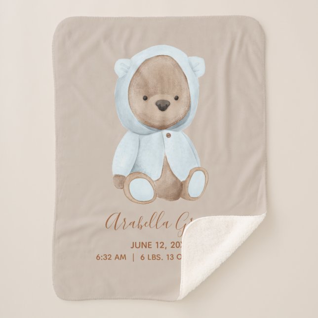 Dusty Blue Teddy Bear Baby Birth Stats Sherpa Blanket (Front)