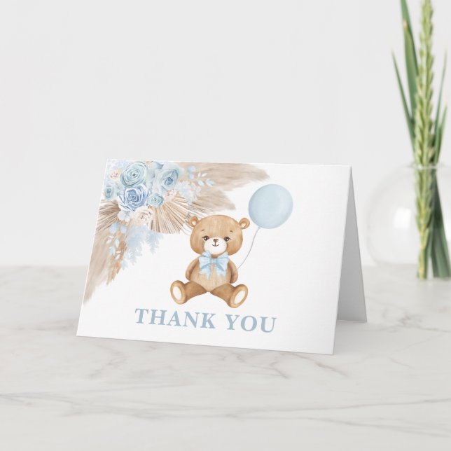 Dusty Blue Teddy Bear Balloon Baby Boy Folded Thank You Card (Front)