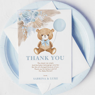 Dusty Blue Teddy Bear Balloon Boy Baby Shower Thank You Card