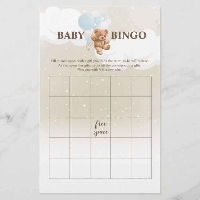 Dusty Blue Teddy Bear BINGO Baby Shower Games Flyer (Front)