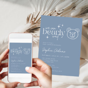 Dusty Blue Teddy Bear Can Bearly Wait Baby Shower Invitation